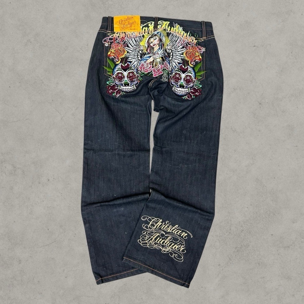 Christian Audigier Jeans Mens 34x32 Dark Blue Saint Mary Embroidered Y2K Baggy